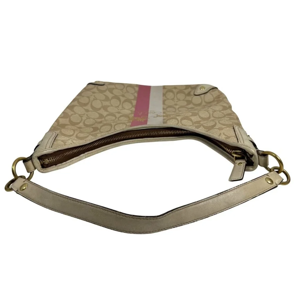 Coach Chelsea Signature Logo Stripe Heritage Pink/Beige Canvas Hobo Bag 13193